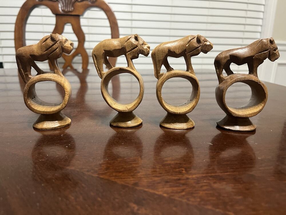 Hand Carved Wood Napkin Holders Rings Africa Safari Lions Set of 4